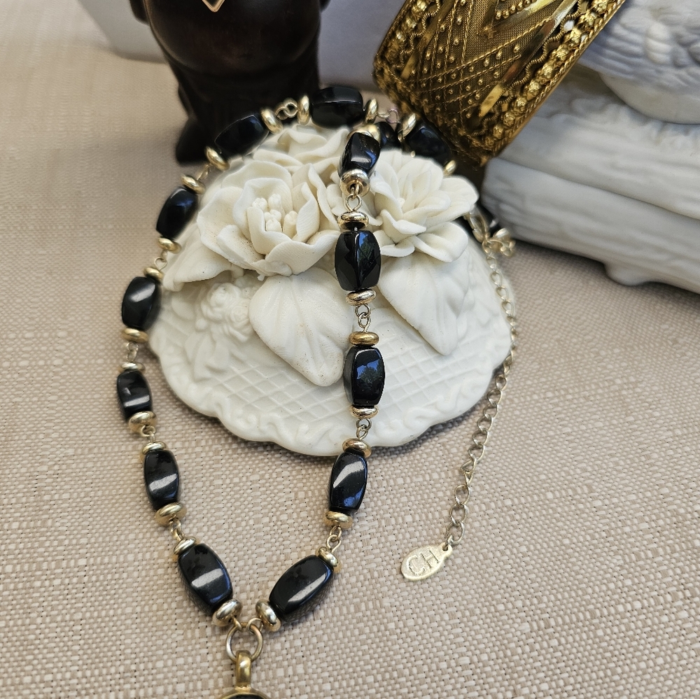 SET! Carolina Herrera Bead Necklace, Brass Cuff, & Black Bead Bracelet SET! - Picture 7 of 14